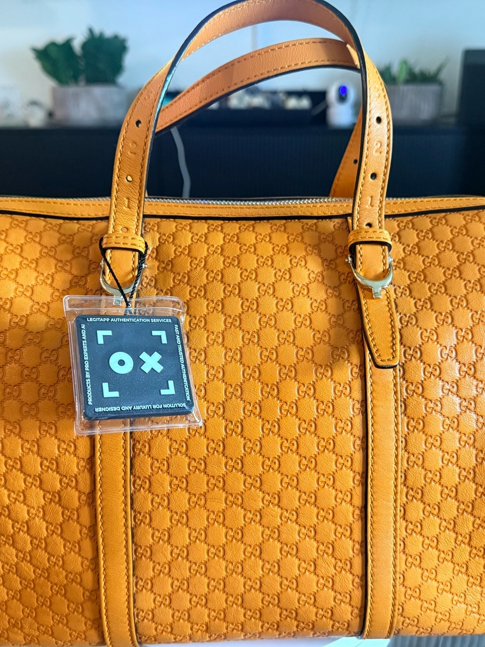 Gucci Yellow Orange Monogram Leather Tote